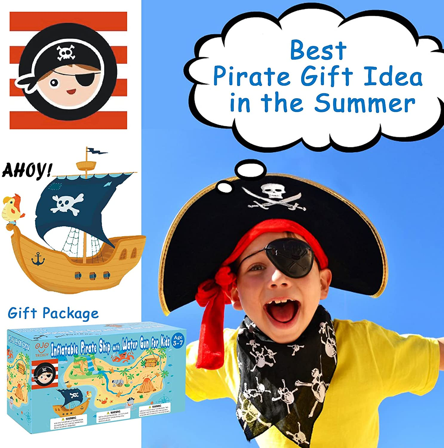 Pirate Ship Toys for Boys Girls 3 4 5 6 7 TROJOY 3-in-1 Pool Floats for Kids Toddler Pool Toys with Water Gun Kids Inflatable Boat Toys Gifts for Summer Swimming Pool Party Birthday 